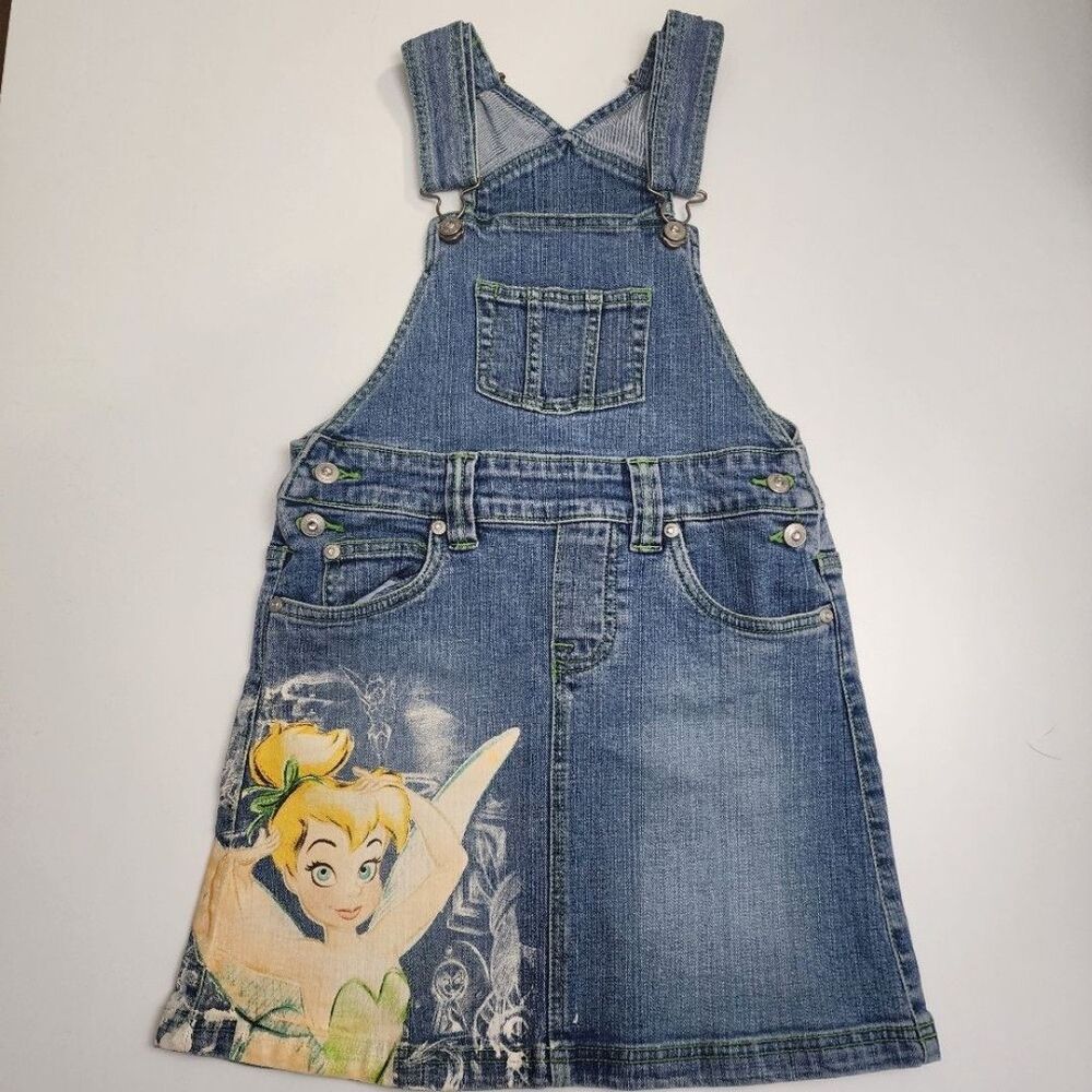 Girls Vintage Disney Store Peter Pan Tinkerbell Denim Overall Dress Size M 7/8